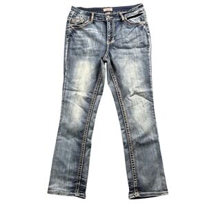 True Luck Jeans Denim Pants Women 14 Blue Straight Leg Thick Stitch Distressed